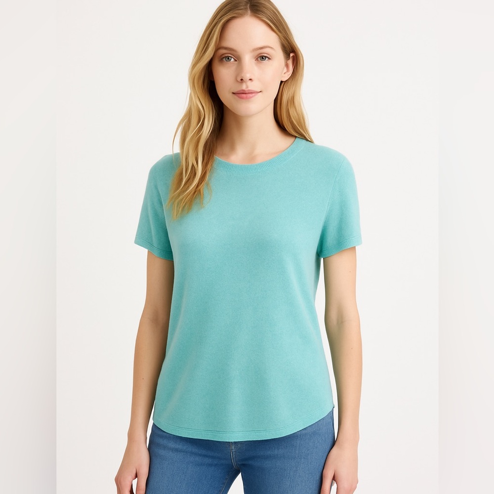 Kinross 100% Cashmere Pastel Teal Short Sleeve Sweater